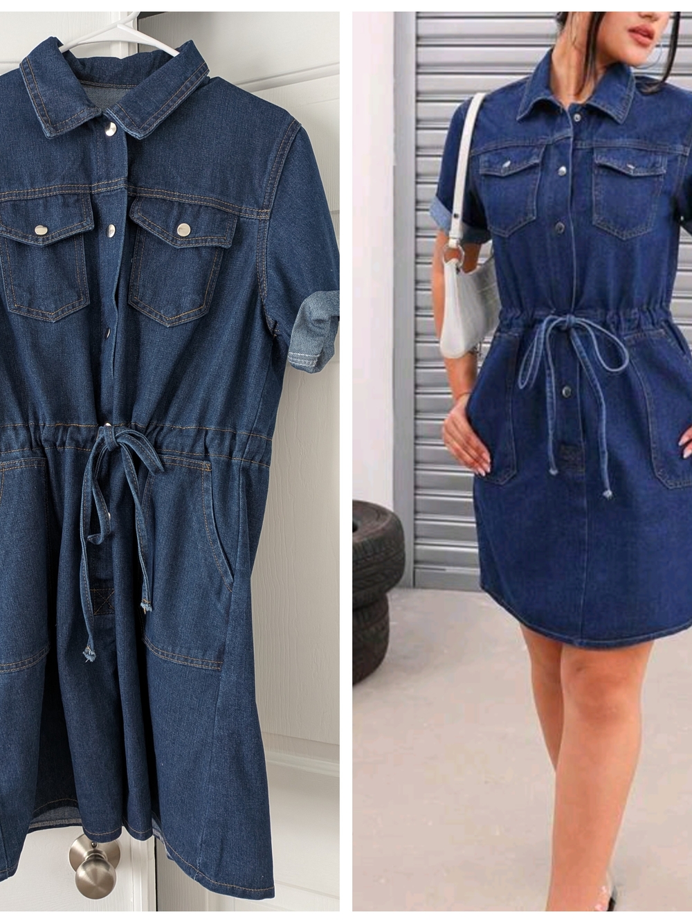 SHEIN Dark Blue Denim Midi Shirt Dress with Drawstring Waist